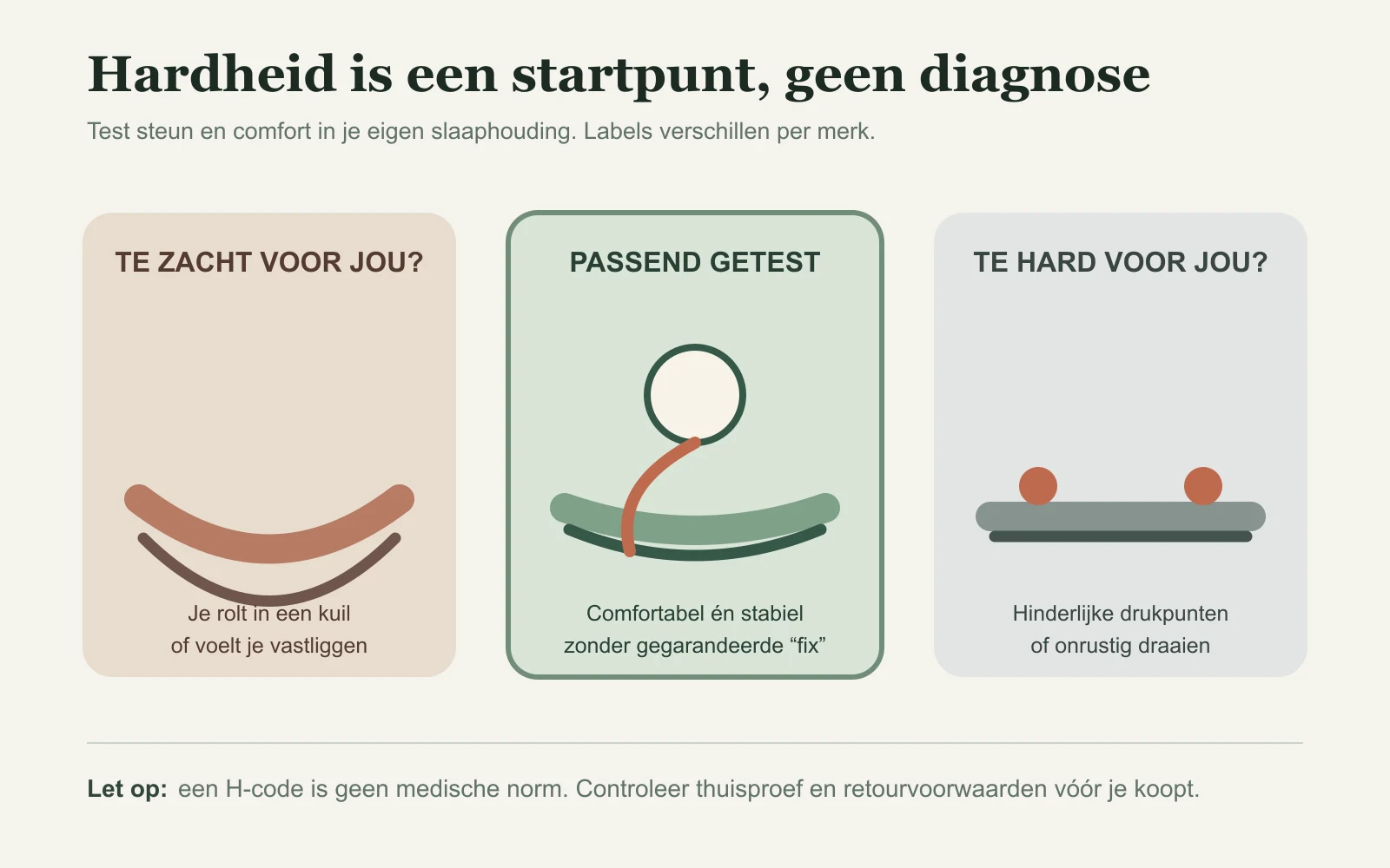 Schematische zijaanzichtvergelijking van een wervelkolom op een te-zacht, medium-firm en te-hard matras