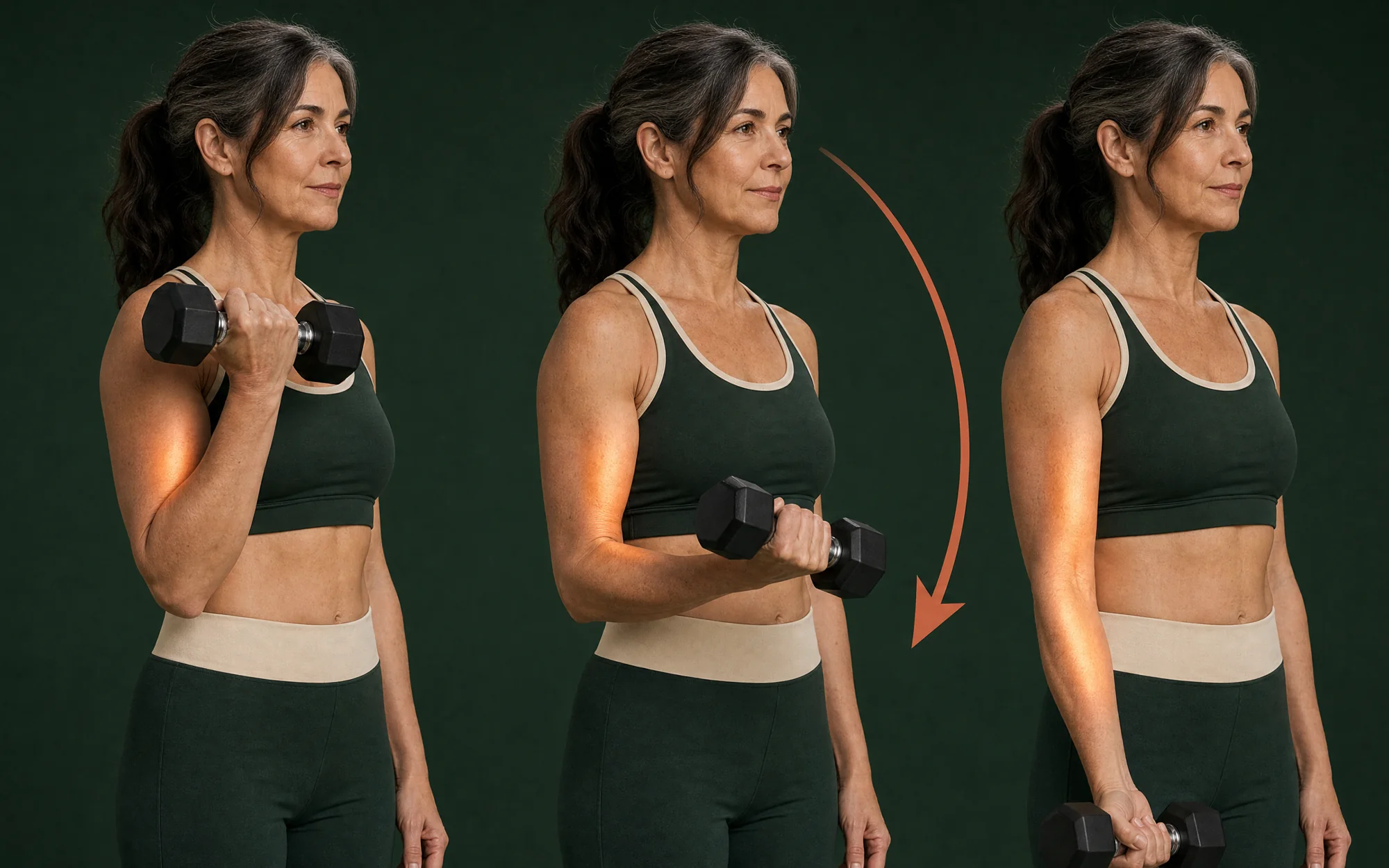 Drie opeenvolgende fasen waarin een vrouw een halter gecontroleerd laat zakken tijdens excentrisch trainen
