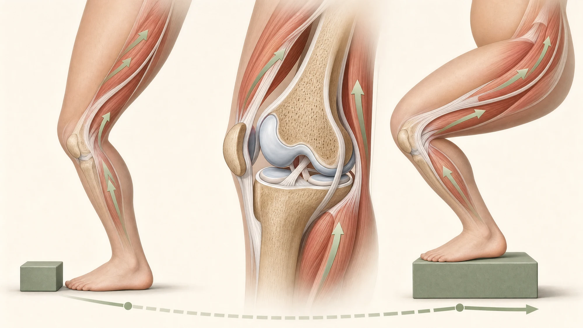 Didactische bewegingsfasen rond een anatomisch kniegewricht die geleidelijke trainingsbelasting tonen