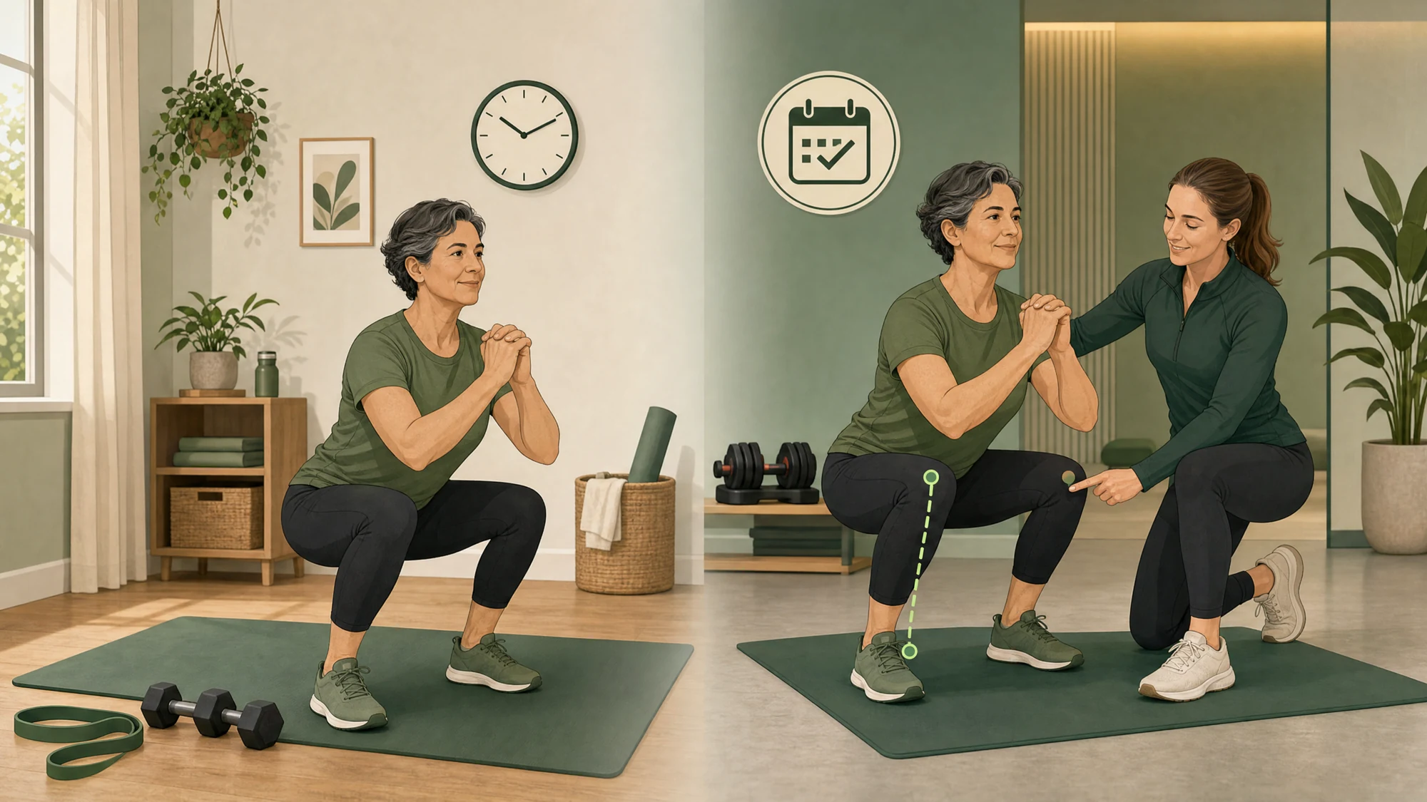 Dezelfde vrouw doet thuis en onder begeleiding een squat, met een coach die haar knie-uitlijning aanwijst